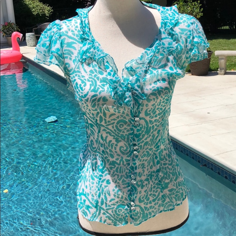 Beautiful sheer aqua and white silk top by Milly of NY -  sz 6 - EUC